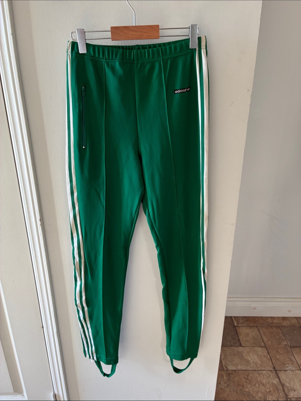 Vintage 1970’s adidas Green Joggers with White Side Stripes and stirrup